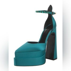 VERSACE Aevitas Teal Crystal-Embellished Platform Block Heel Pumps Size EU38.5